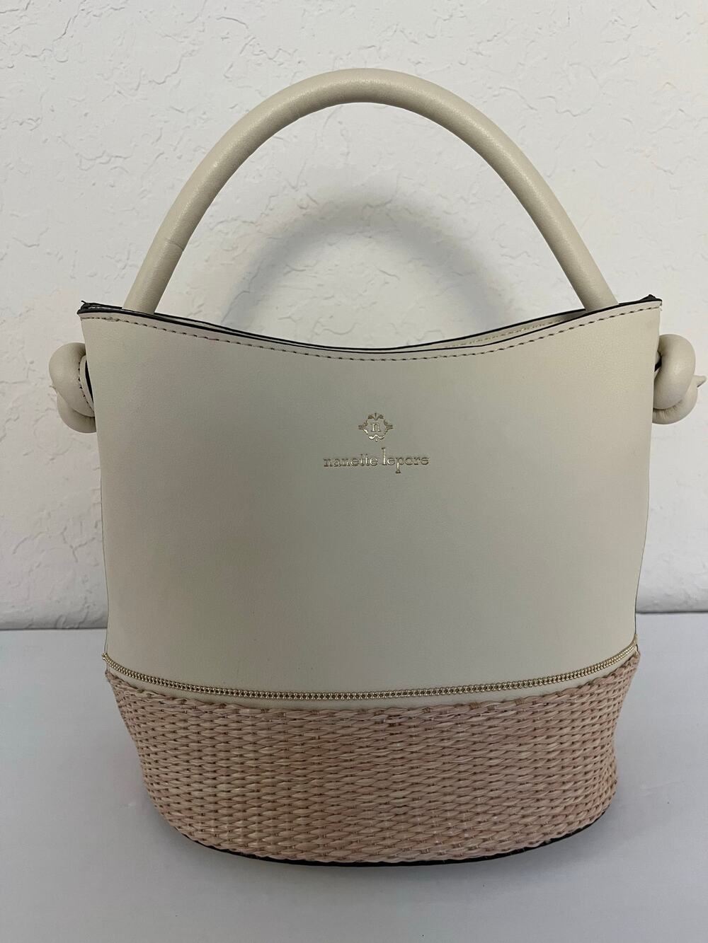 Nadette Lepore Ivory Straw Satchel | Woven Basket Style Spring Bag Tan Gingham